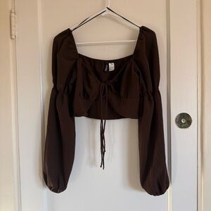 H&M Brown Long-Sleeve Cropped Peasant Top